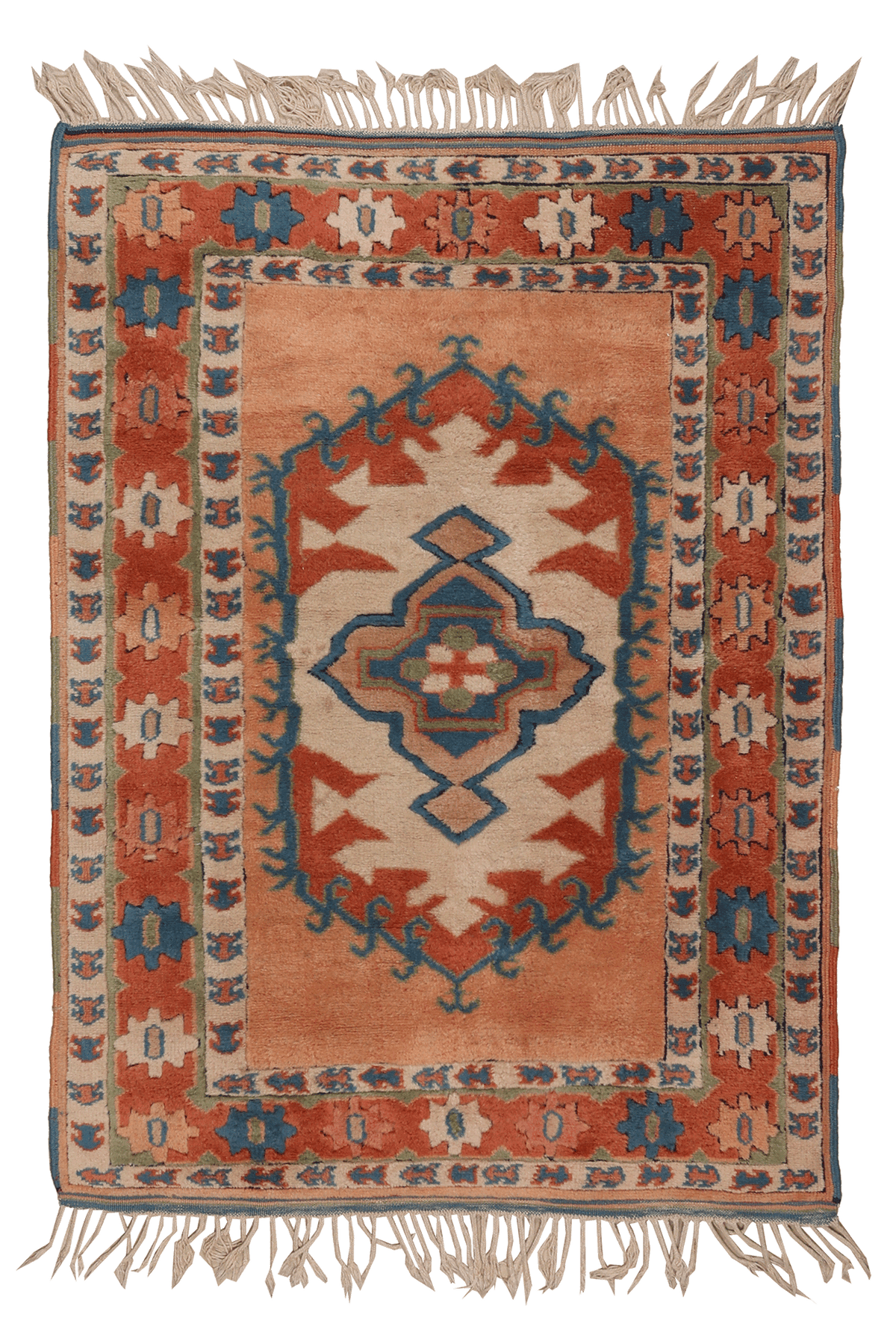 Vintage Muğla Turkish Area Rug 3x5 ft — Orange & Blue Geometric