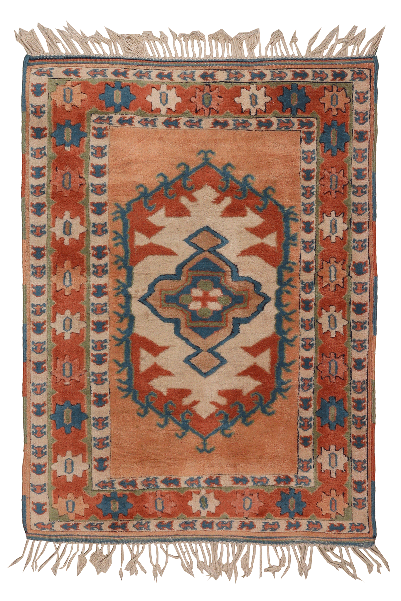 Vintage Muğla Turkish Area Rug 3x5 ft — Orange & Blue Geometric