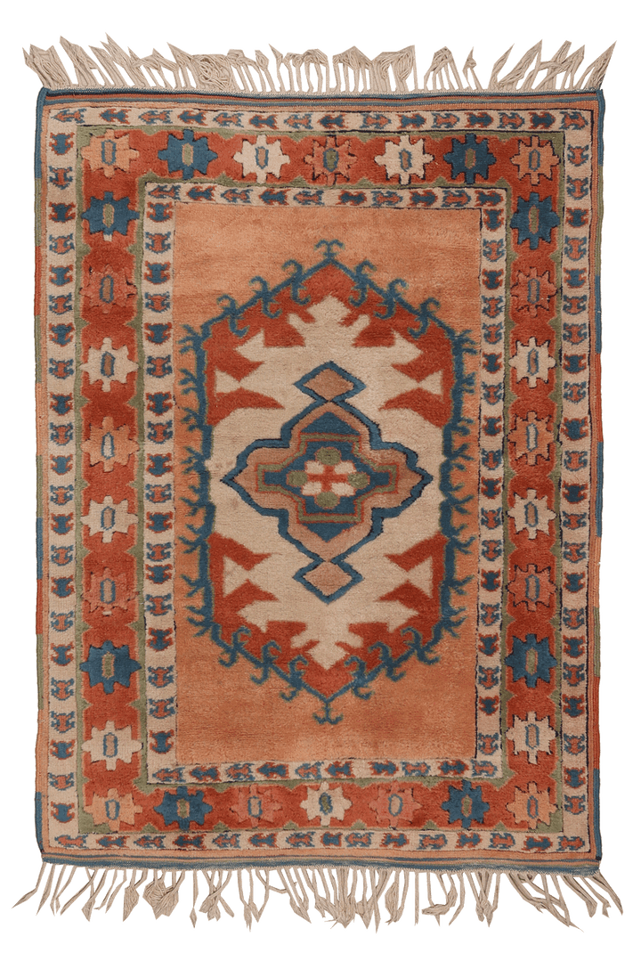 Vintage Muğla Turkish Area Rug 3x5 ft — Orange & Blue Geometric