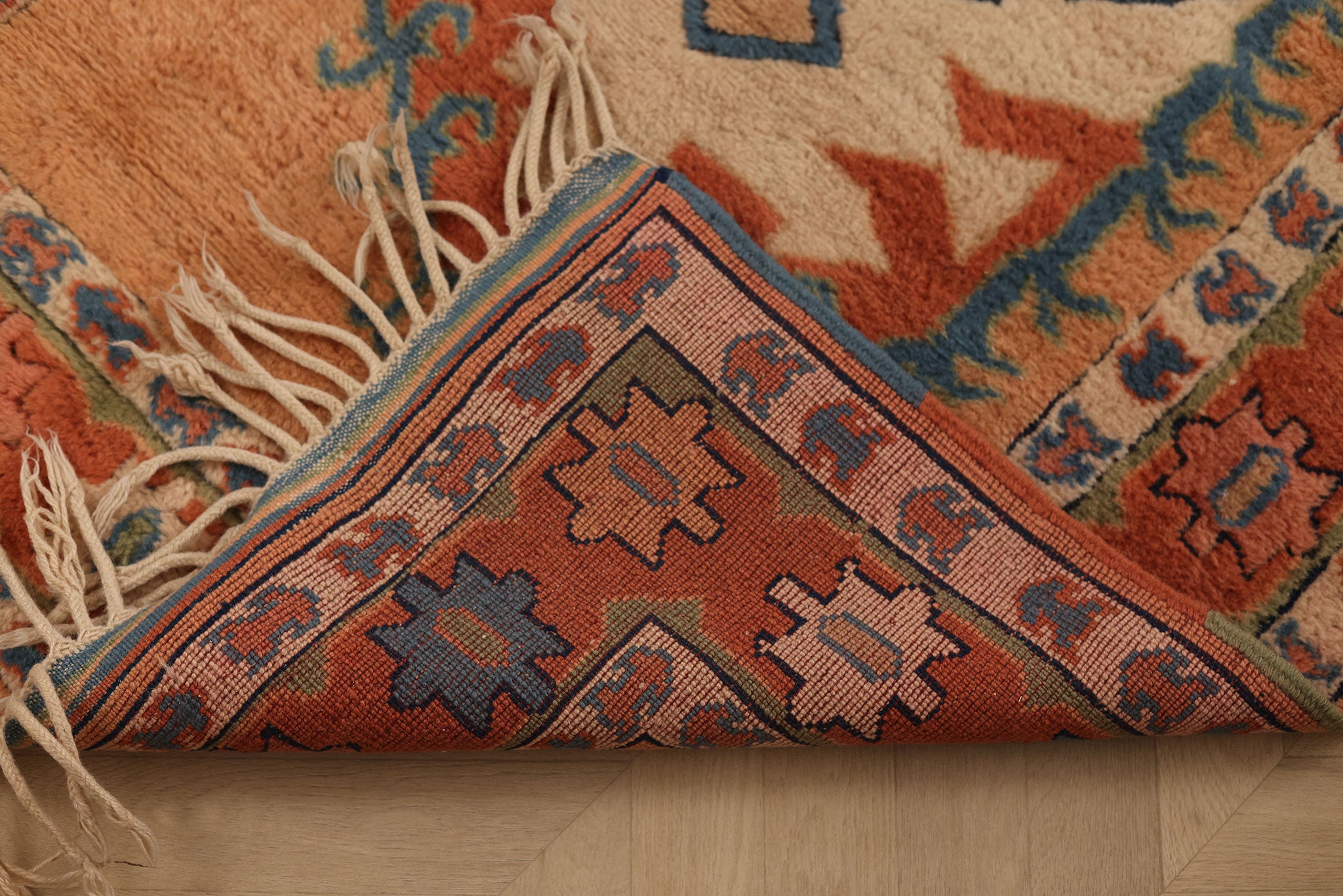 Vintage Muğla Turkish Area Rug 3x5 ft — Orange & Blue Geometric