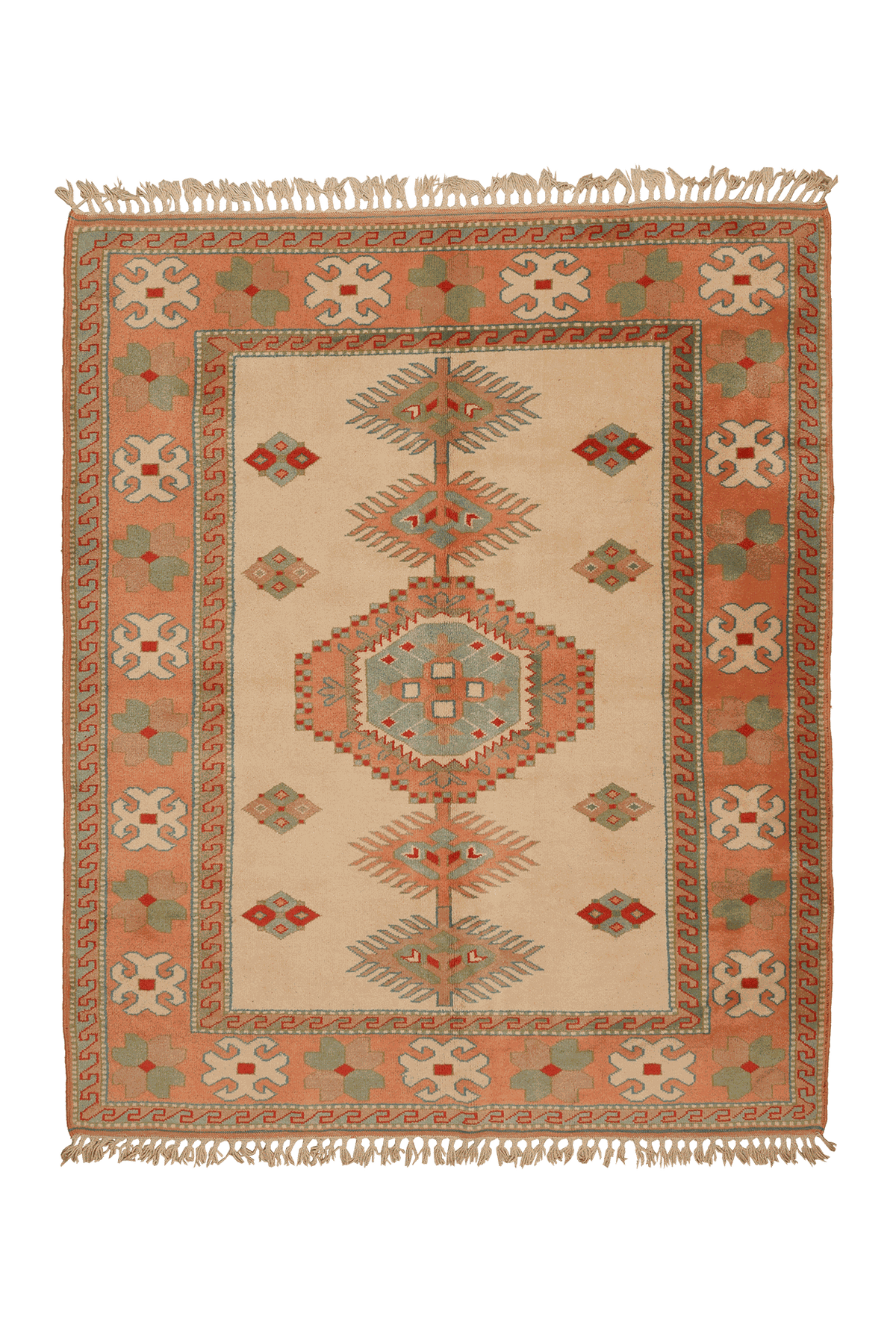 Vintage Uşak Turkish Area Rug 6x7 ft — Beige & Orange Geometric