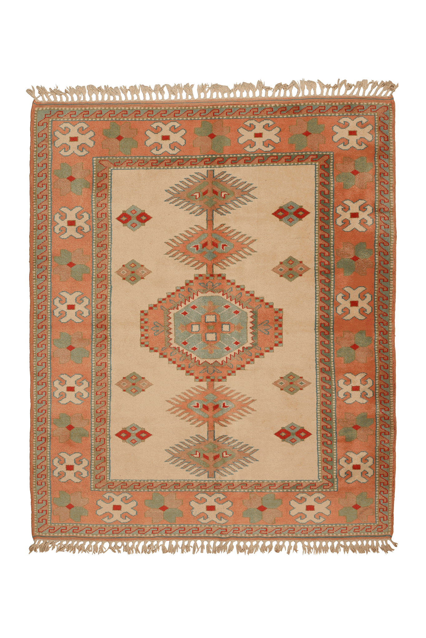 Vintage Uşak Turkish Area Rug 6x7 ft — Beige & Orange Geometric