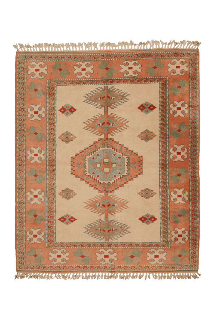 Vintage Uşak Turkish Area Rug 6x7 ft — Beige & Orange Geometric