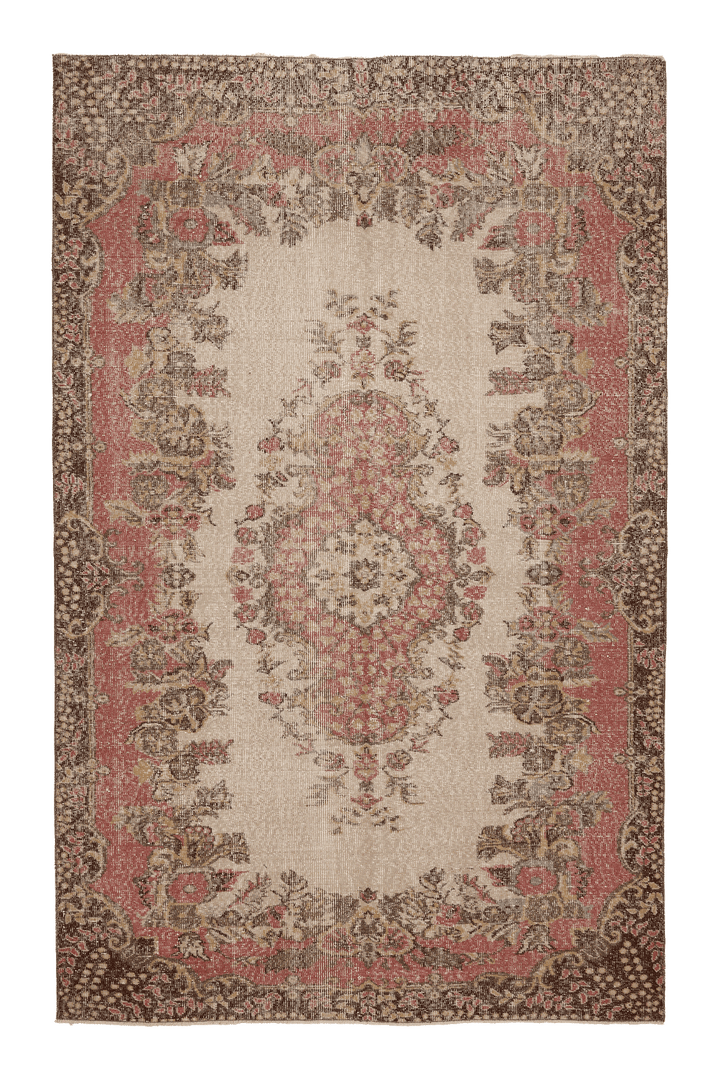 Vintage Isparta Turkish Area Rug 6x10 ft — Beige & Red Floral