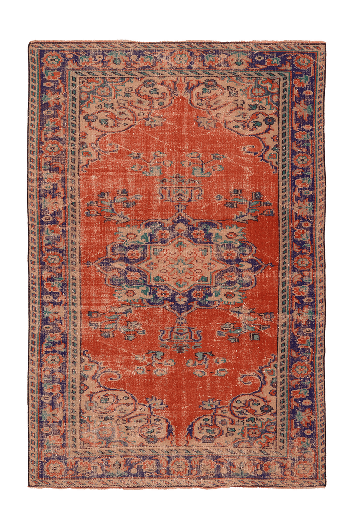 Vintage Manisa Turkish Area Rug 5x8 ft — Red & Blue Floral