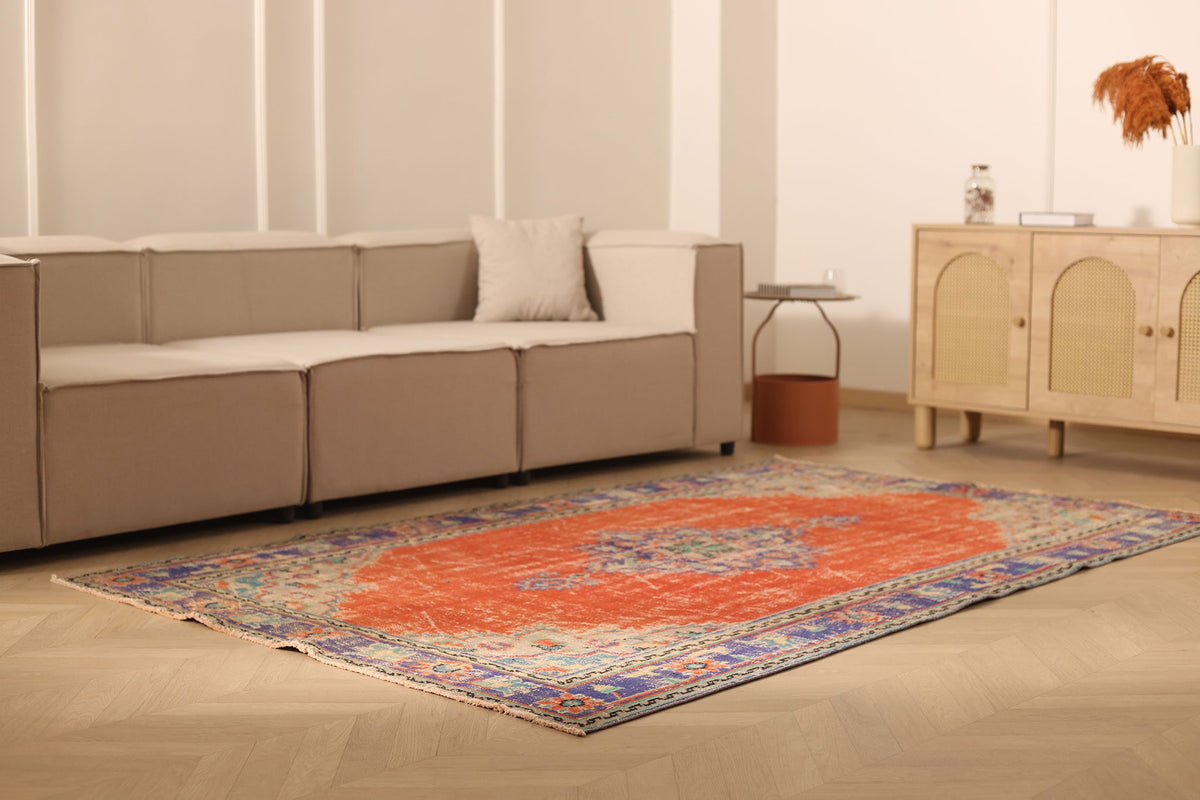 Vintage Manisa Turkish Area Rug 5x8 ft — Orange & Blue Floral