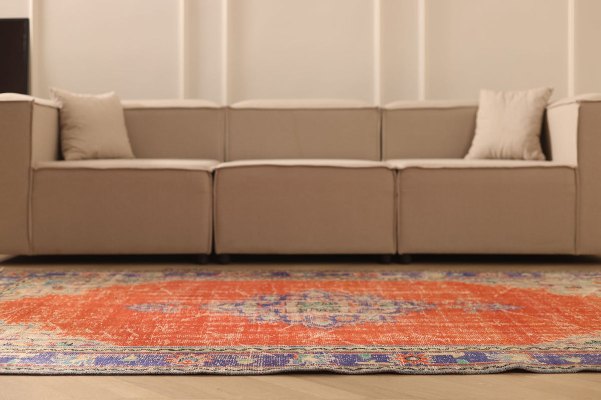 Vintage Manisa Turkish Area Rug 5x8 ft — Orange & Blue Floral