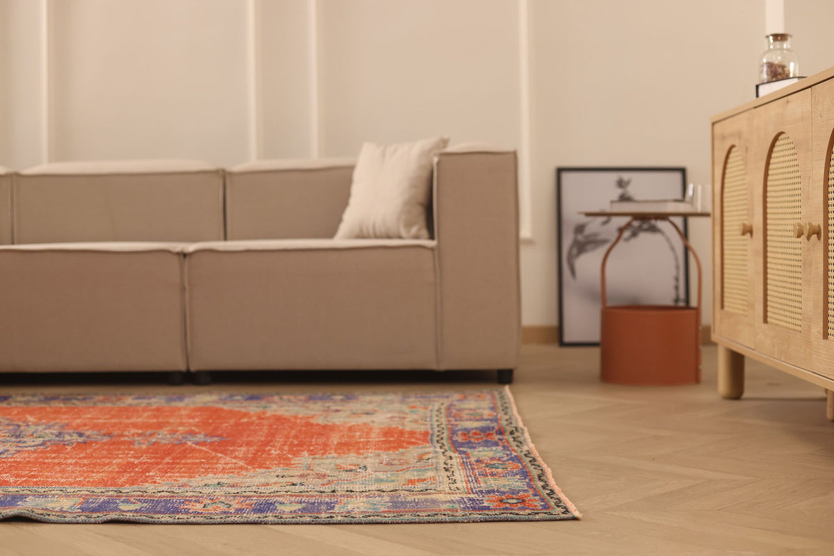 Vintage Manisa Turkish Area Rug 5x8 ft — Orange & Blue Floral