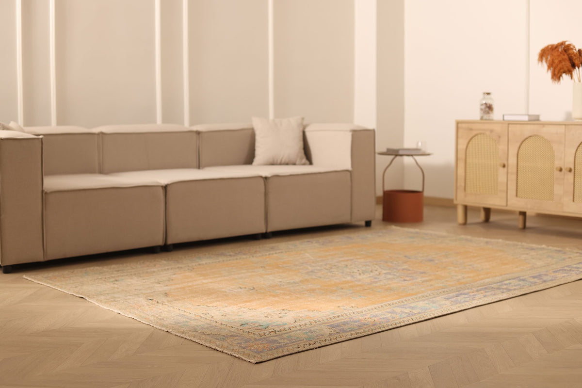 Vintage Manisa Turkish Area Rug 6x9 ft — Orange & Beige Floral