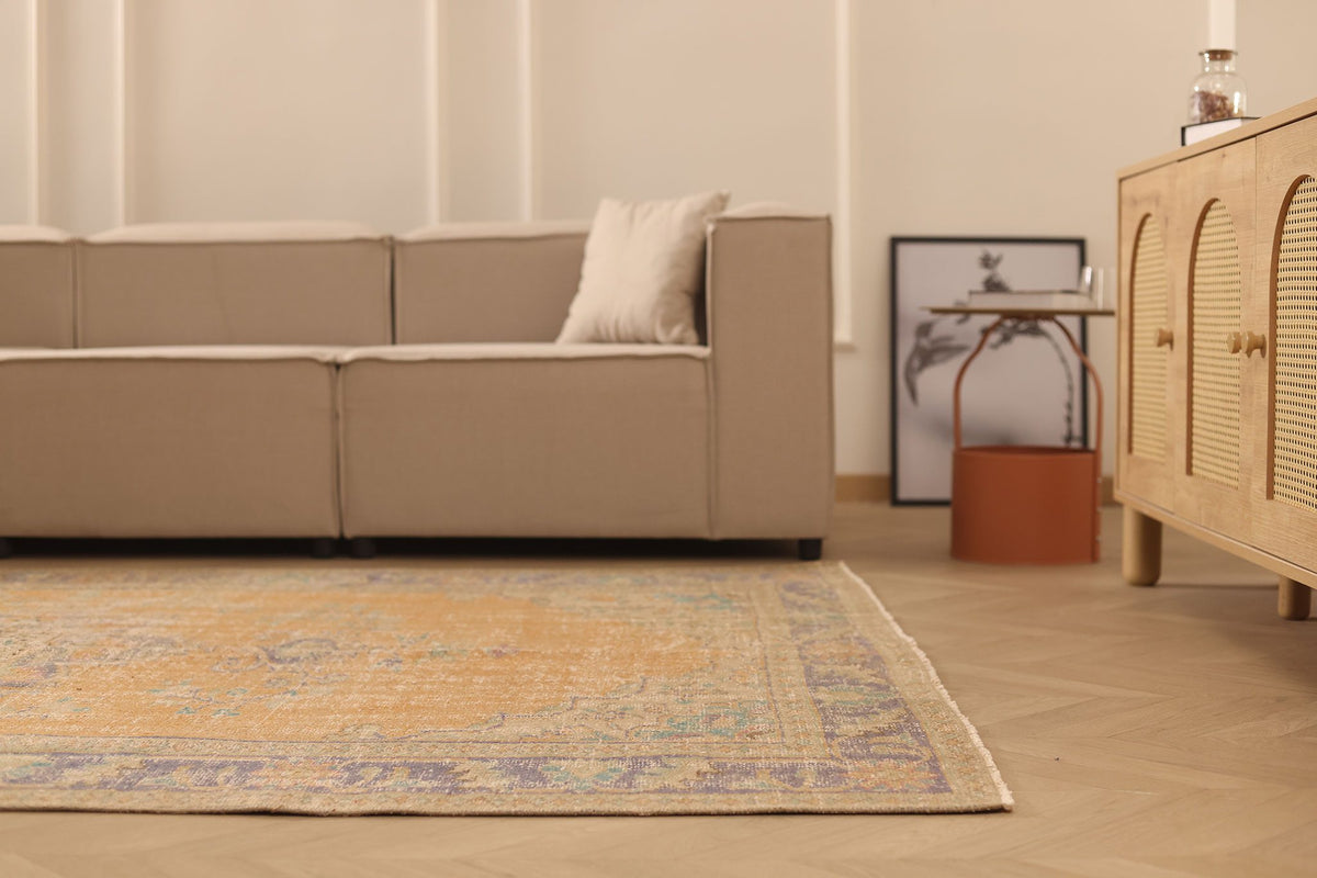 Vintage Manisa Turkish Area Rug 6x9 ft — Orange & Beige Floral