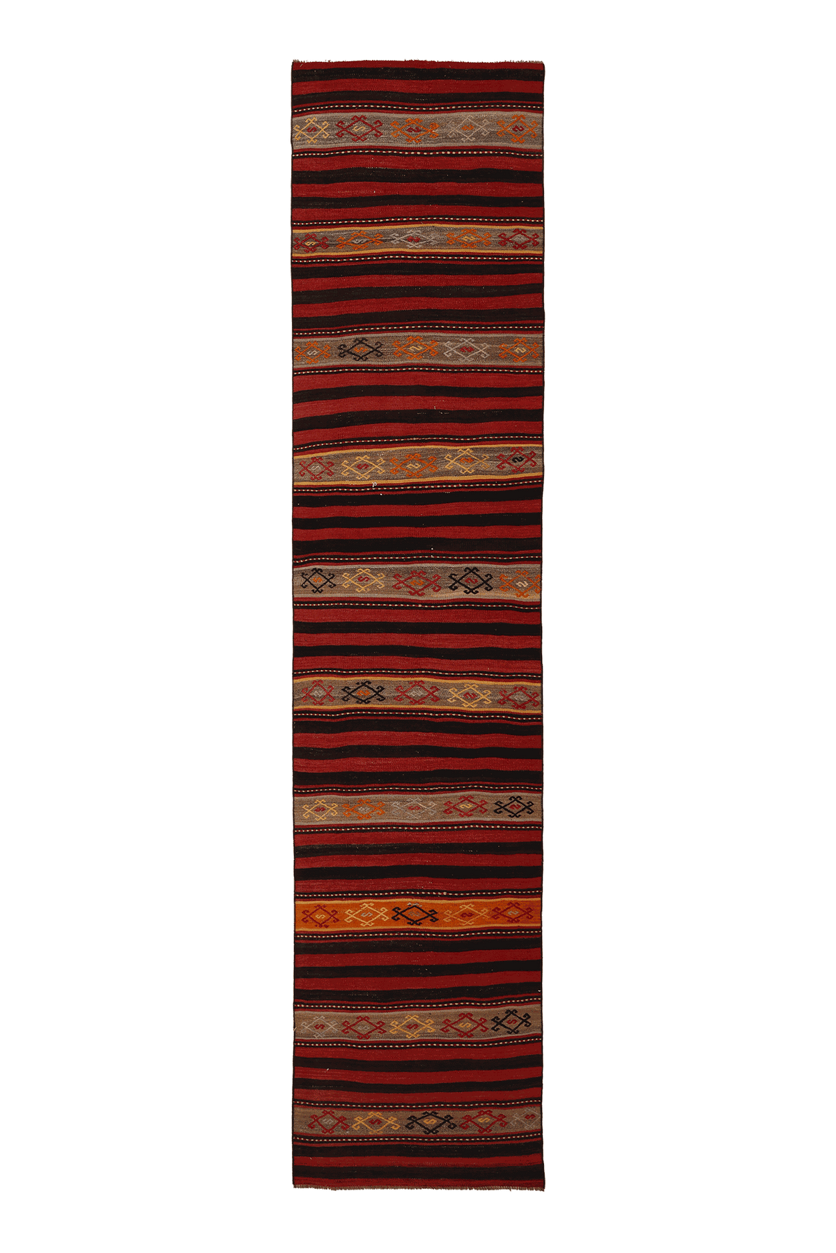 Vintage Malatya Turkish Kilim Runner Rug 2x11 ft — Red & Brown Geometric