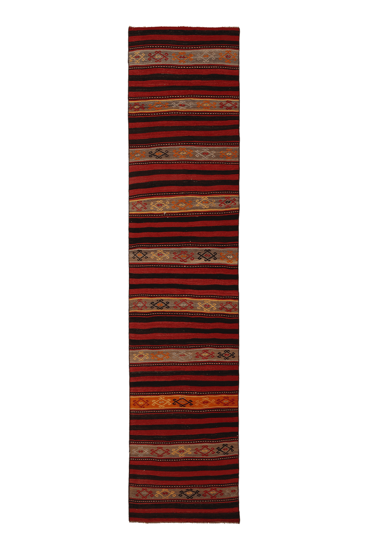 Vintage Malatya Turkish Kilim Runner Rug 2x11 ft — Red & Brown Geometric