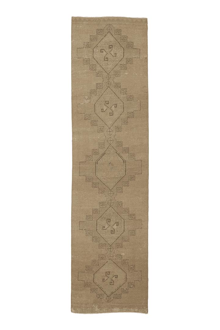 Vintage Malatya Turkish Runner Rug 3x11 ft — Beige & Brown Geometric