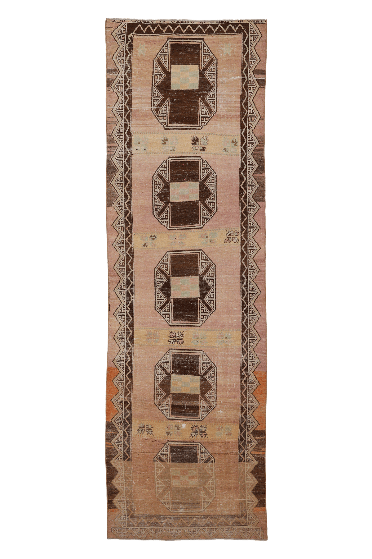 Vintage Malatya Turkish Runner Rug 3x11 ft — Brown & Pink Geometric
