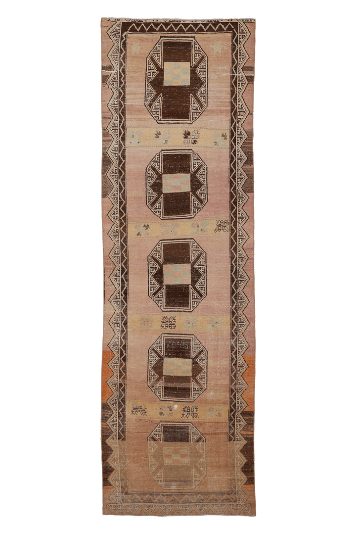Vintage Malatya Turkish Runner Rug 3x11 ft — Brown & Pink Geometric