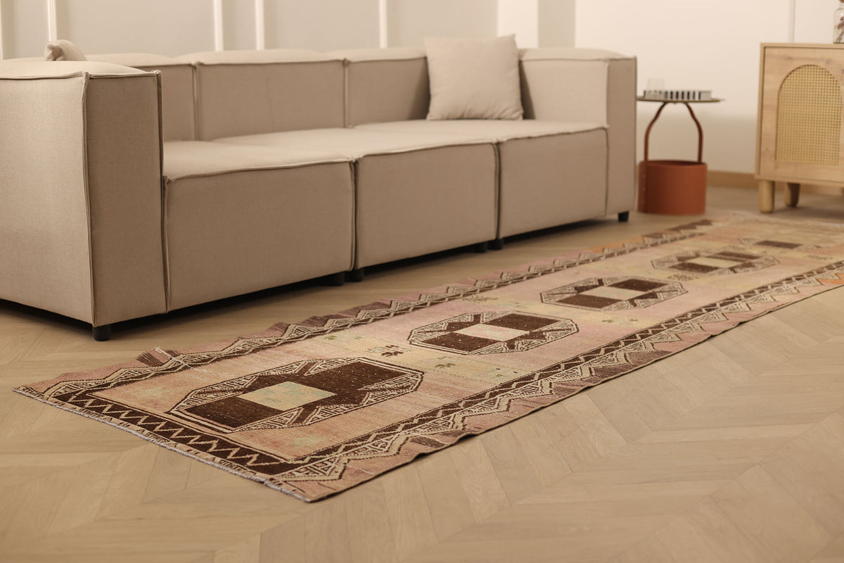 Vintage Malatya Turkish Runner Rug 3x11 ft — Brown & Pink Geometric
