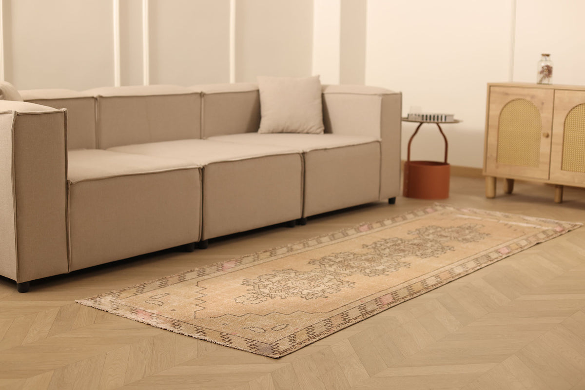 Vintage Niğde Turkish Runner Rug 3x9 ft — Beige & Brown Geometric (No. 62751)