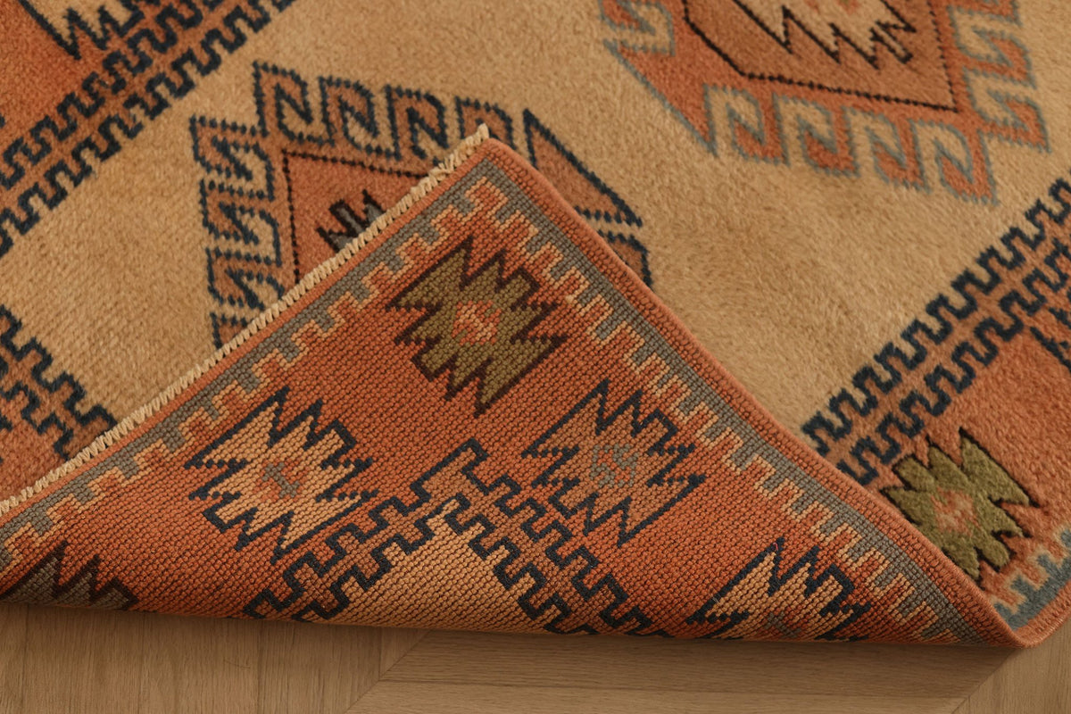 Vintage Uşak Turkish Rug 3x14 ft — Beige & Orange Geometric