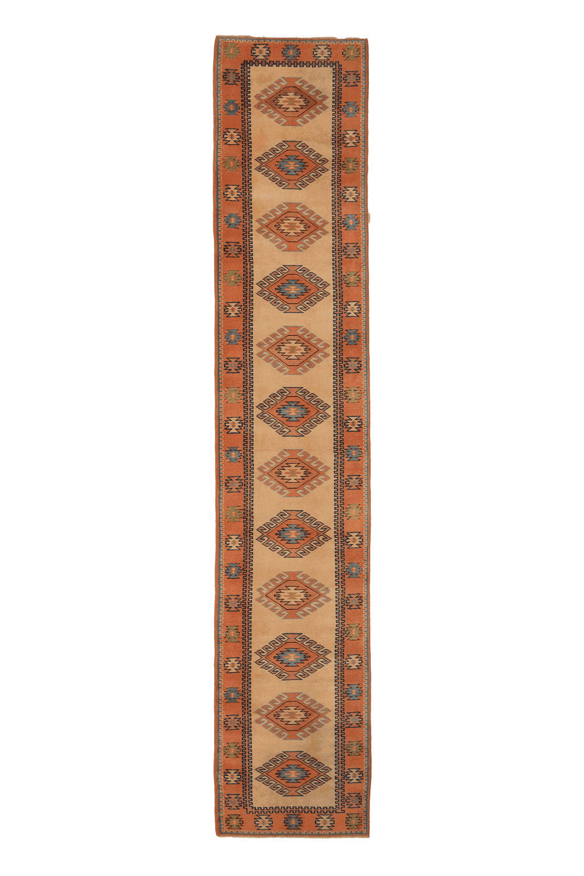 Vintage Uşak Turkish Rug 3x14 ft — Beige & Orange Geometric