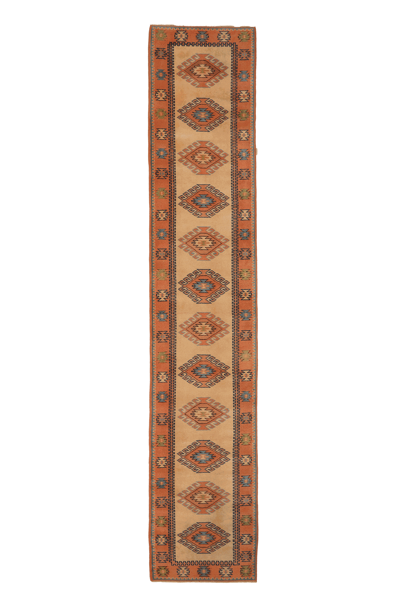 Vintage Uşak Turkish Rug 3x14 ft — Beige & Orange Geometric