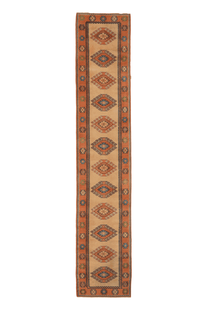 Vintage Uşak Turkish Rug 3x14 ft — Beige & Orange Geometric