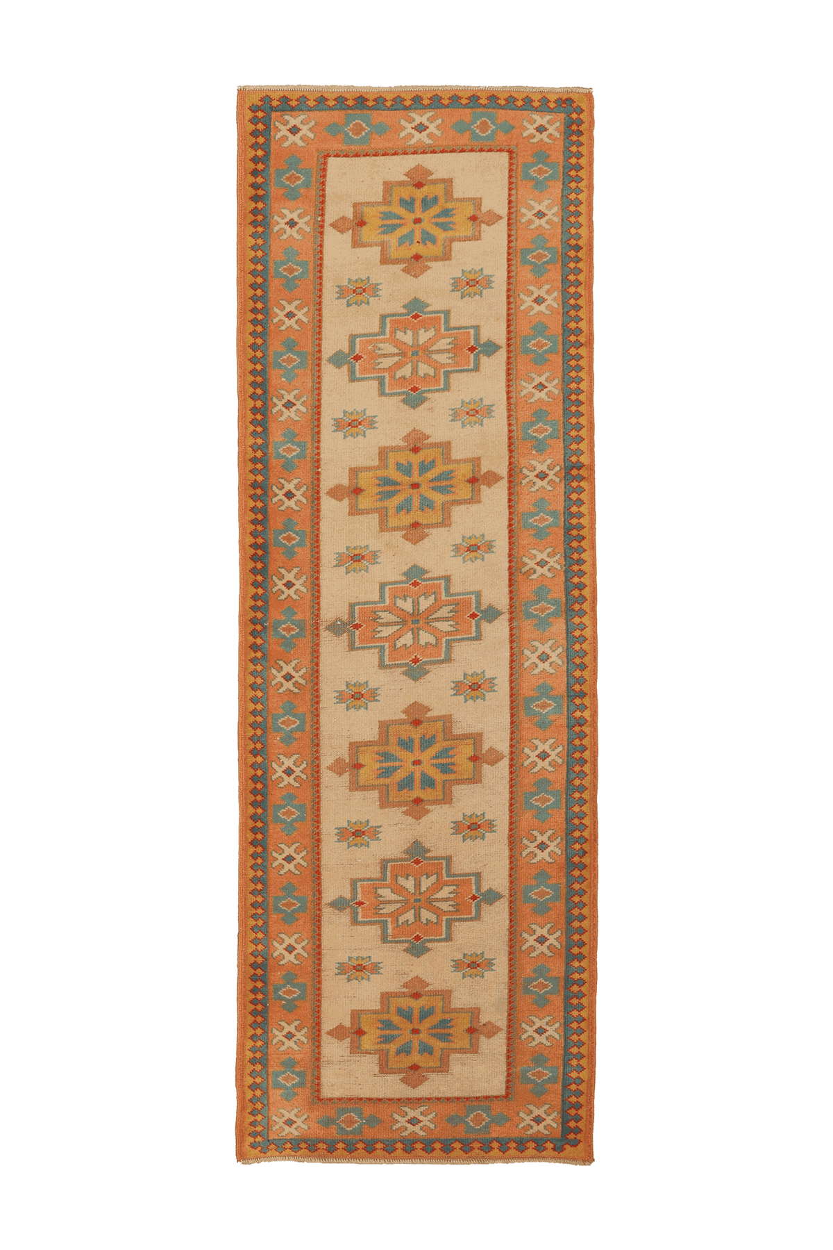 Vintage Uşak Turkish Runner Rug 3x8 ft — Beige & Orange Geometric