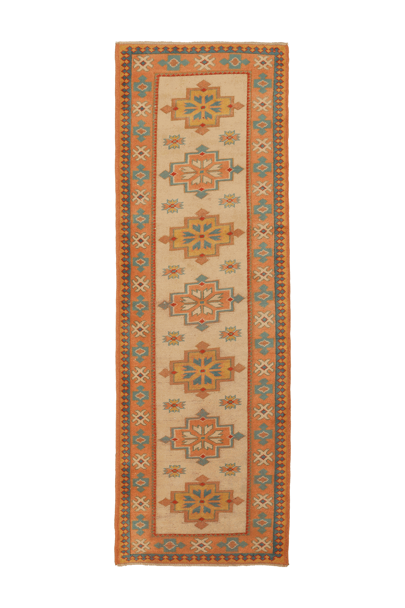 Vintage Uşak Turkish Runner Rug 3x8 ft — Beige & Orange Geometric