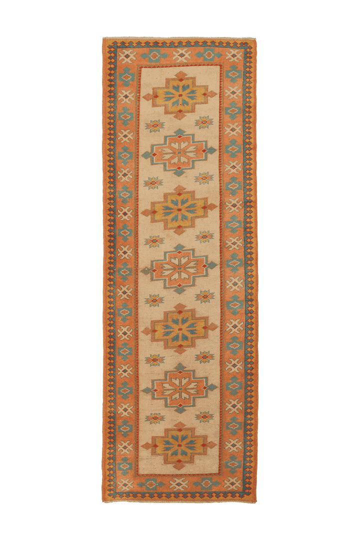 Vintage Uşak Turkish Runner Rug 3x8 ft — Beige & Orange Geometric