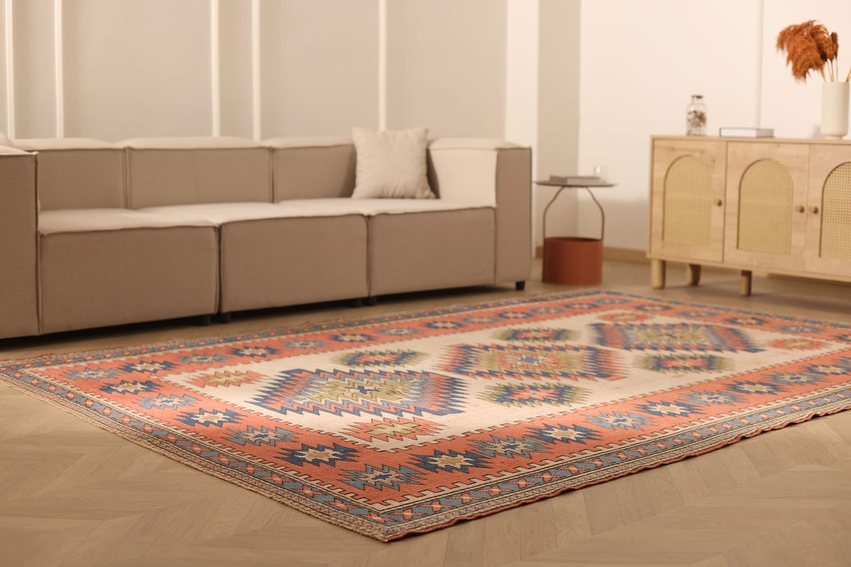 Vintage Niğde Turkish Area Rug 7x10 ft — Beige & Red Geometric