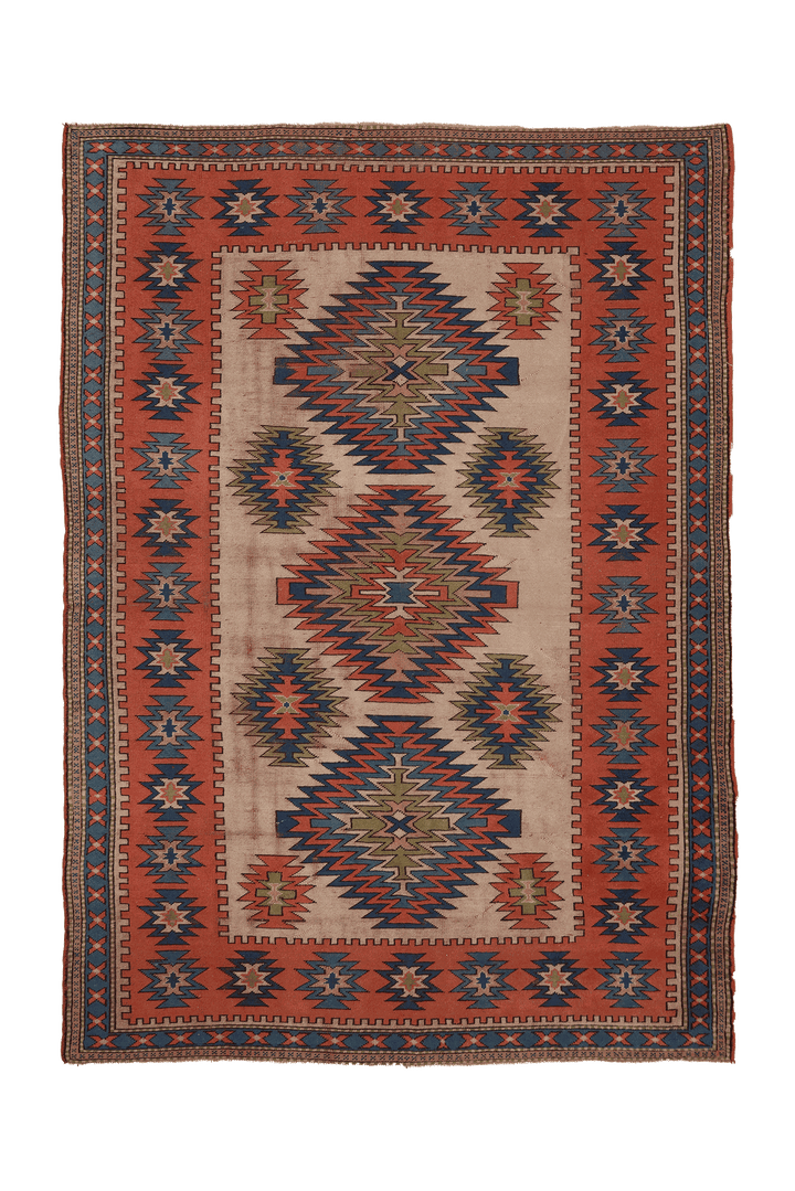 Vintage Niğde Turkish Area Rug 7x10 ft — Beige & Red Geometric