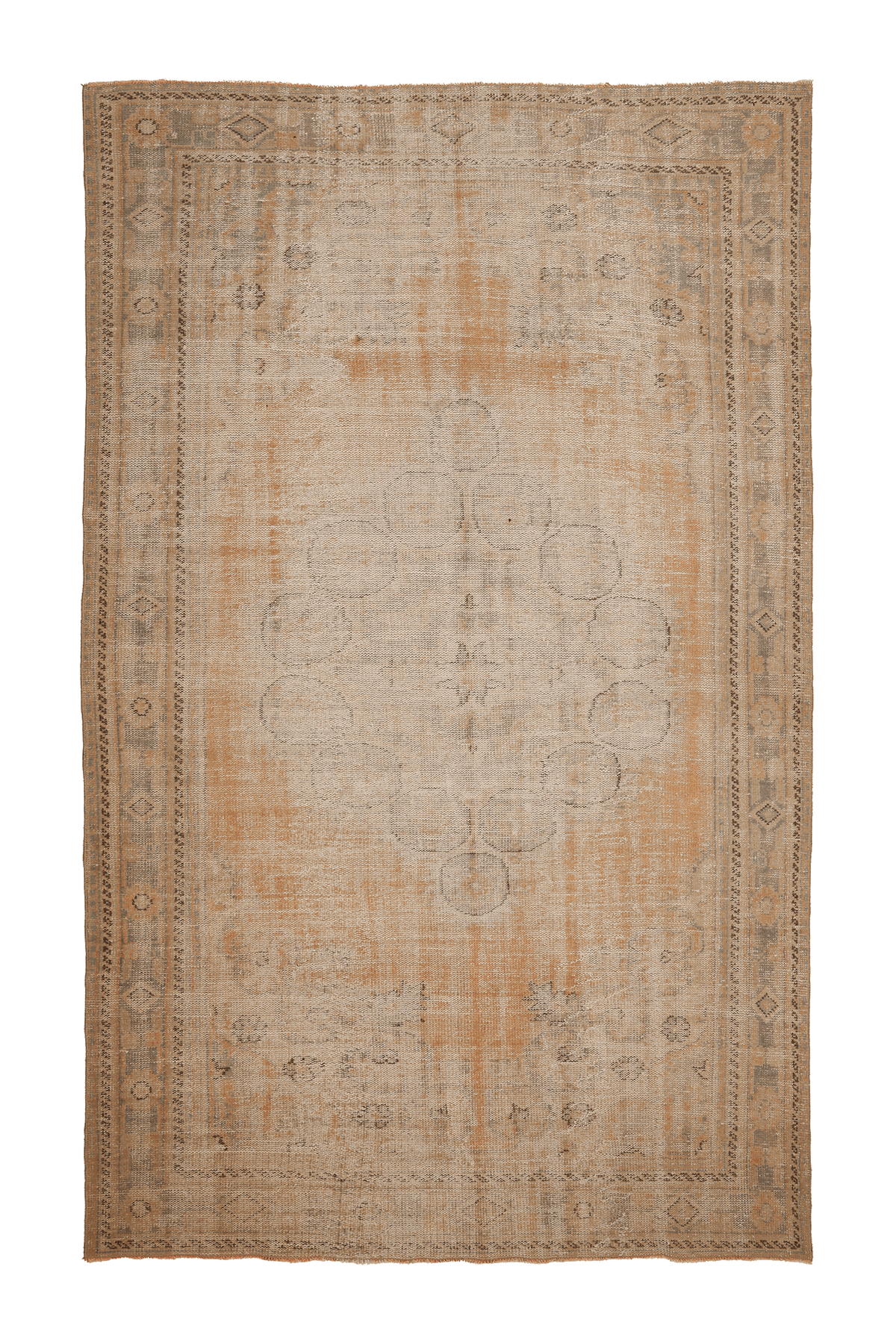 Vintage Manisa Turkish Area Rug 7x11 ft — Orange & Beige Floral