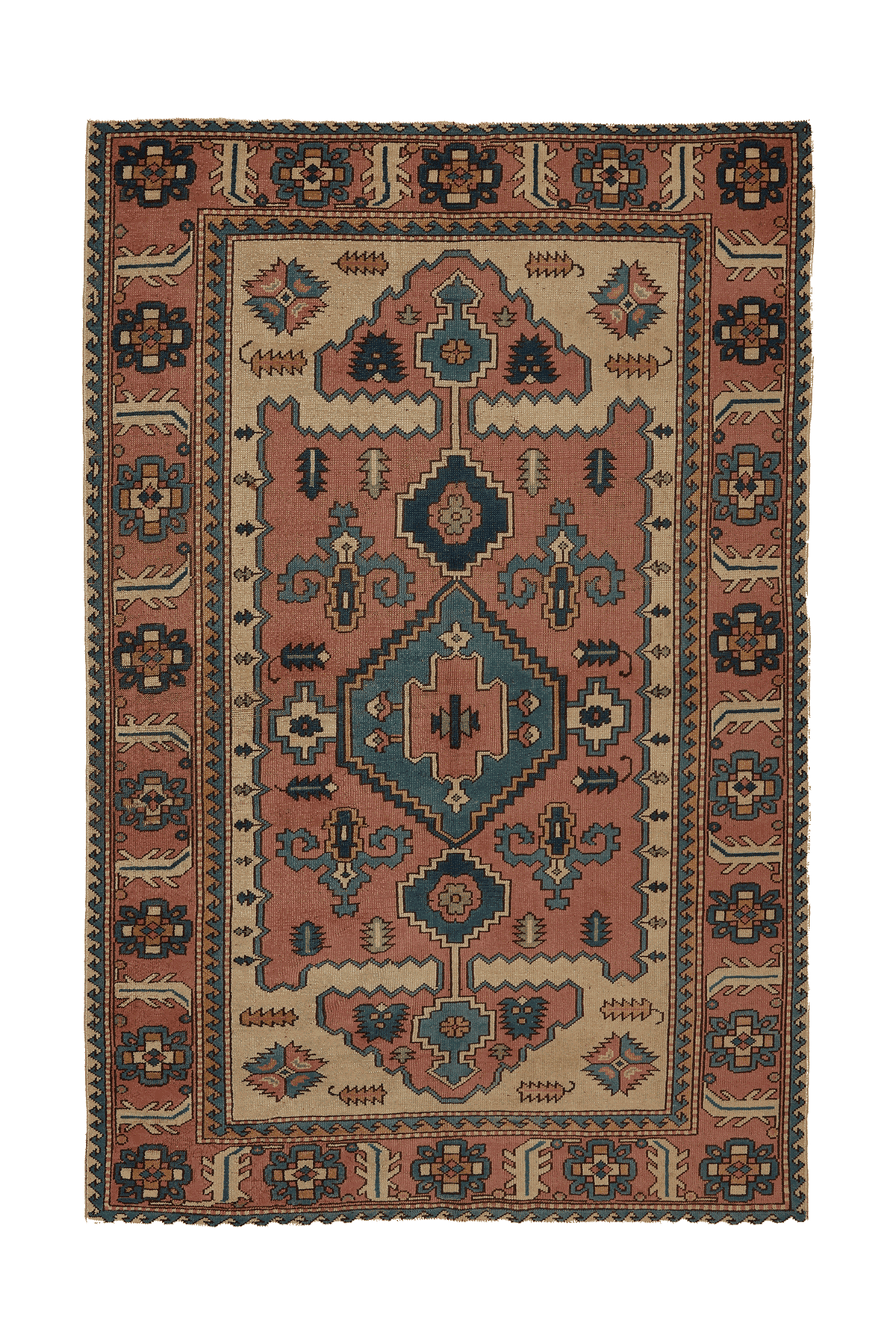 Vintage Uşak Turkish Area Rug 5x8 ft — Red & Blue Geometric