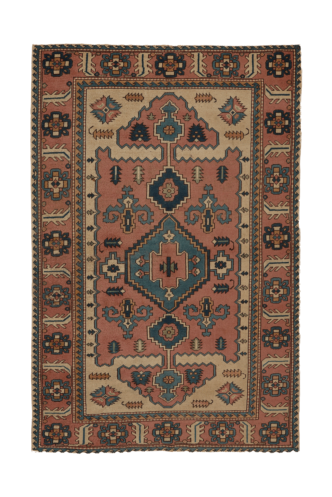 Vintage Uşak Turkish Area Rug 5x8 ft — Red & Blue Geometric