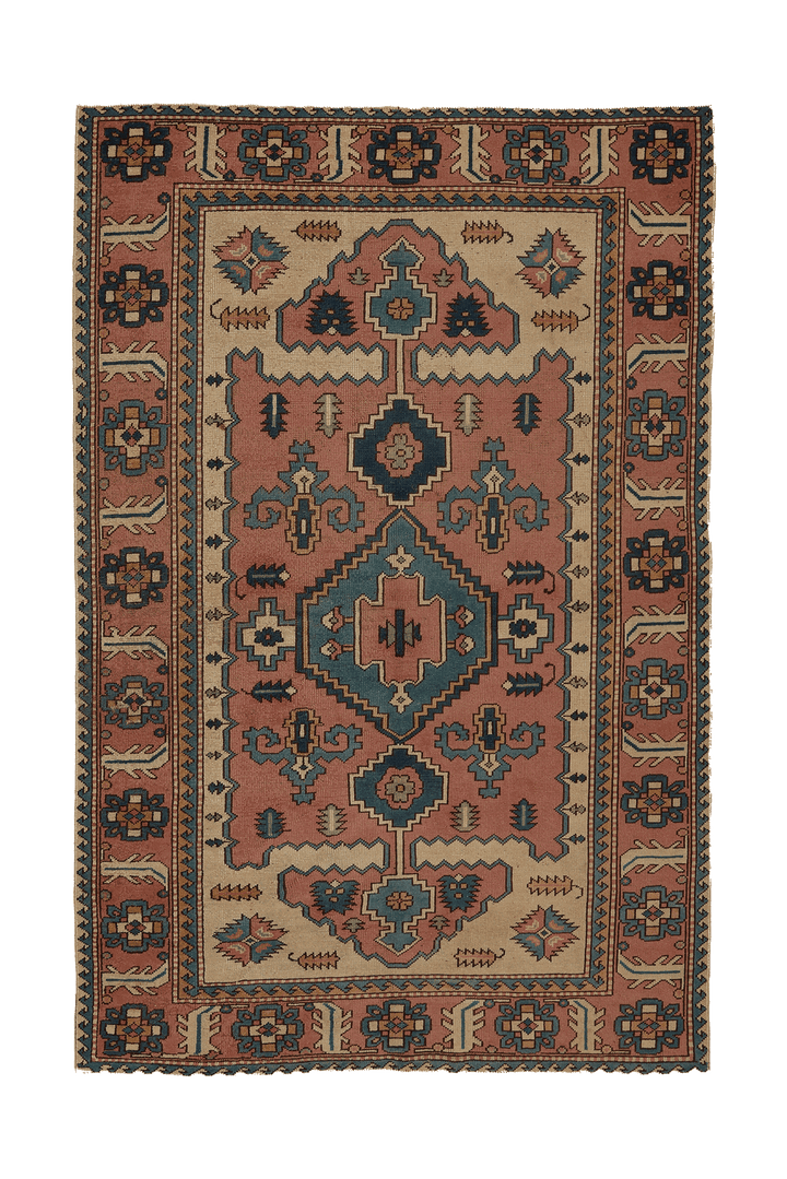 Vintage Uşak Turkish Area Rug 5x8 ft — Red & Blue Geometric