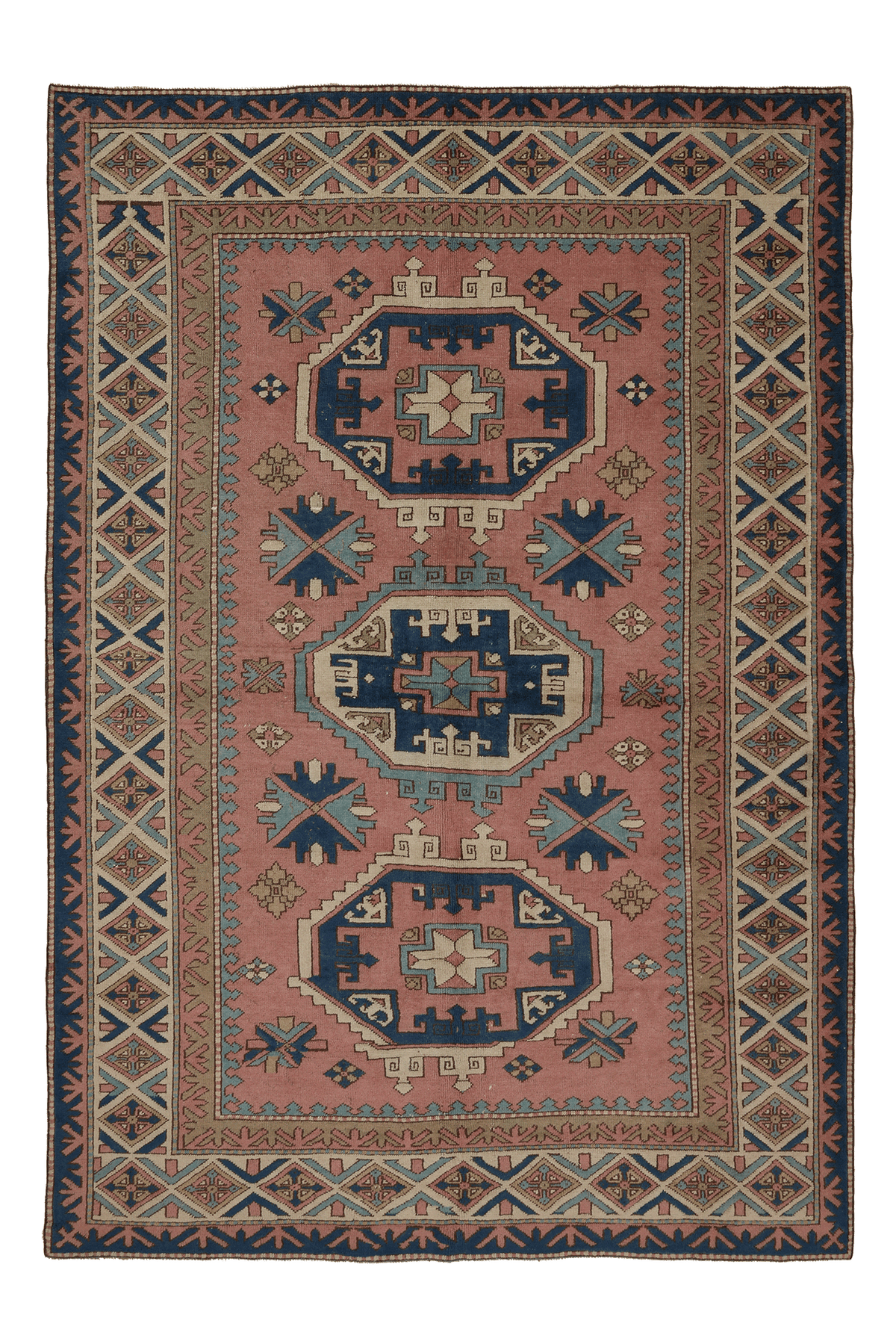 Vintage Niğde Turkish Area Rug 6x9 ft — Pink & Blue Geometric