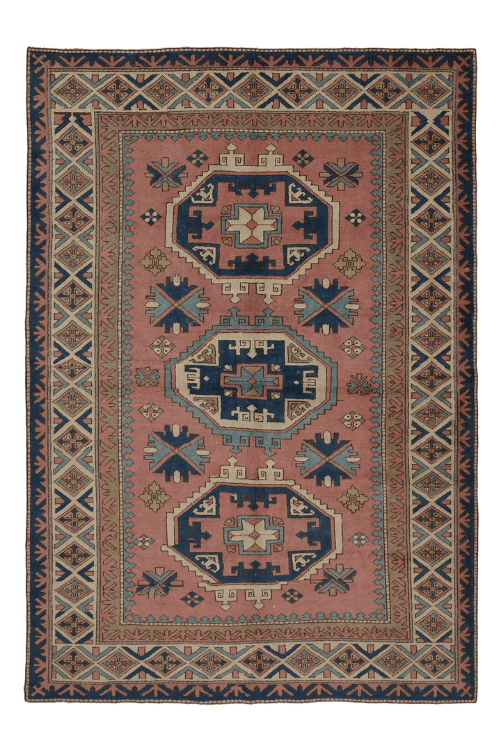 Vintage Niğde Turkish Area Rug 6x9 ft — Pink & Blue Geometric