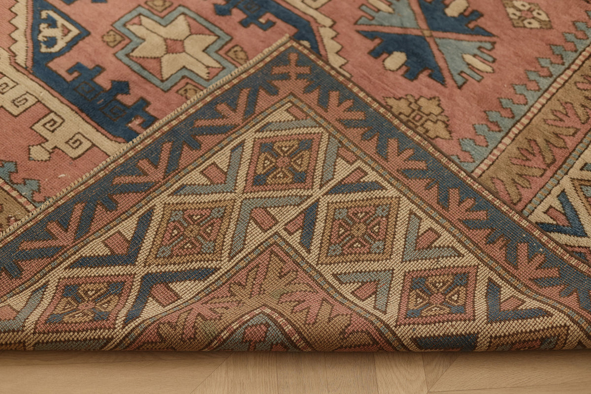 Vintage Niğde Turkish Area Rug 6x9 ft — Pink & Blue Geometric