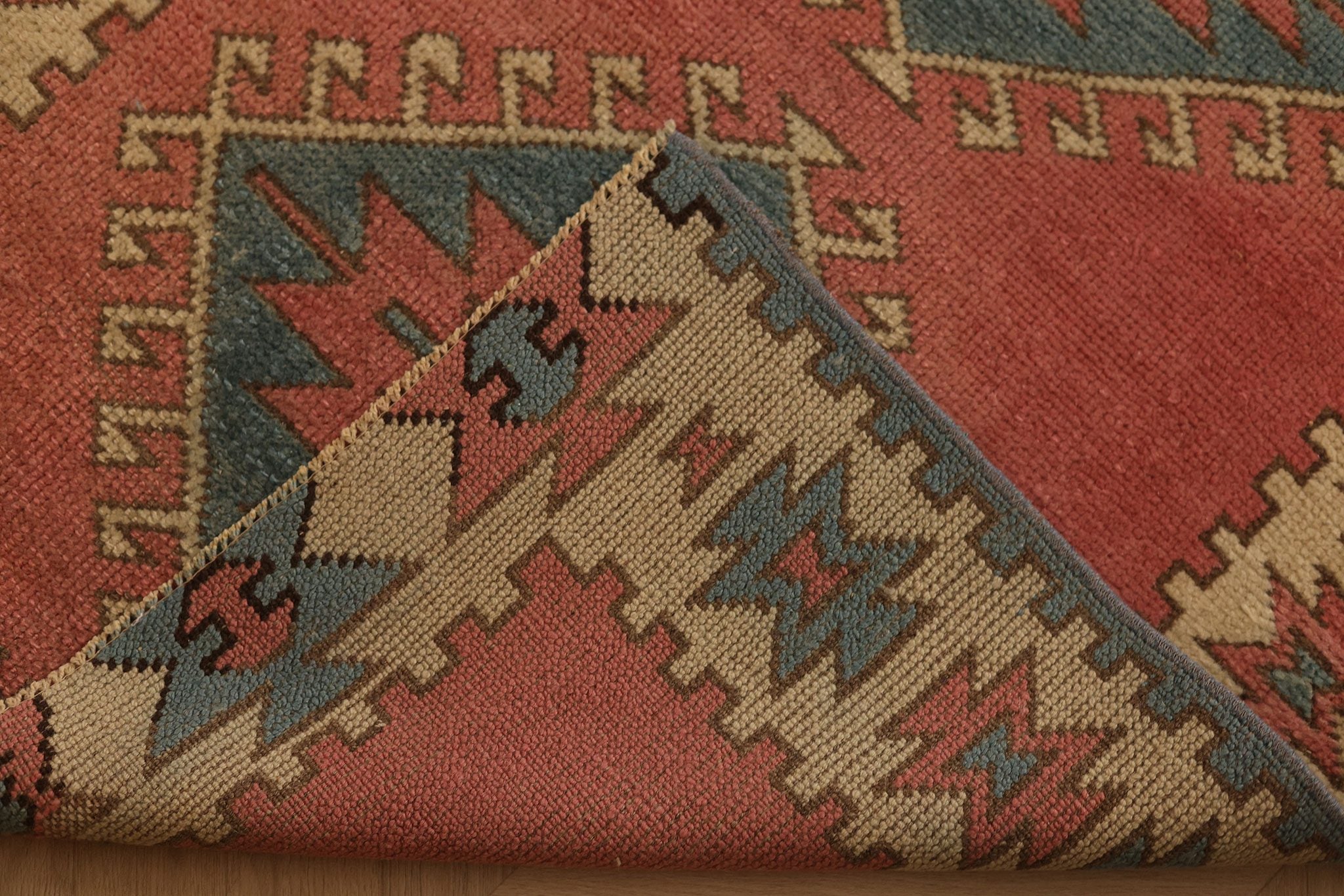 Vintage Uşak Turkish Runner Rug 3x16 ft — Red & Blue Geometric