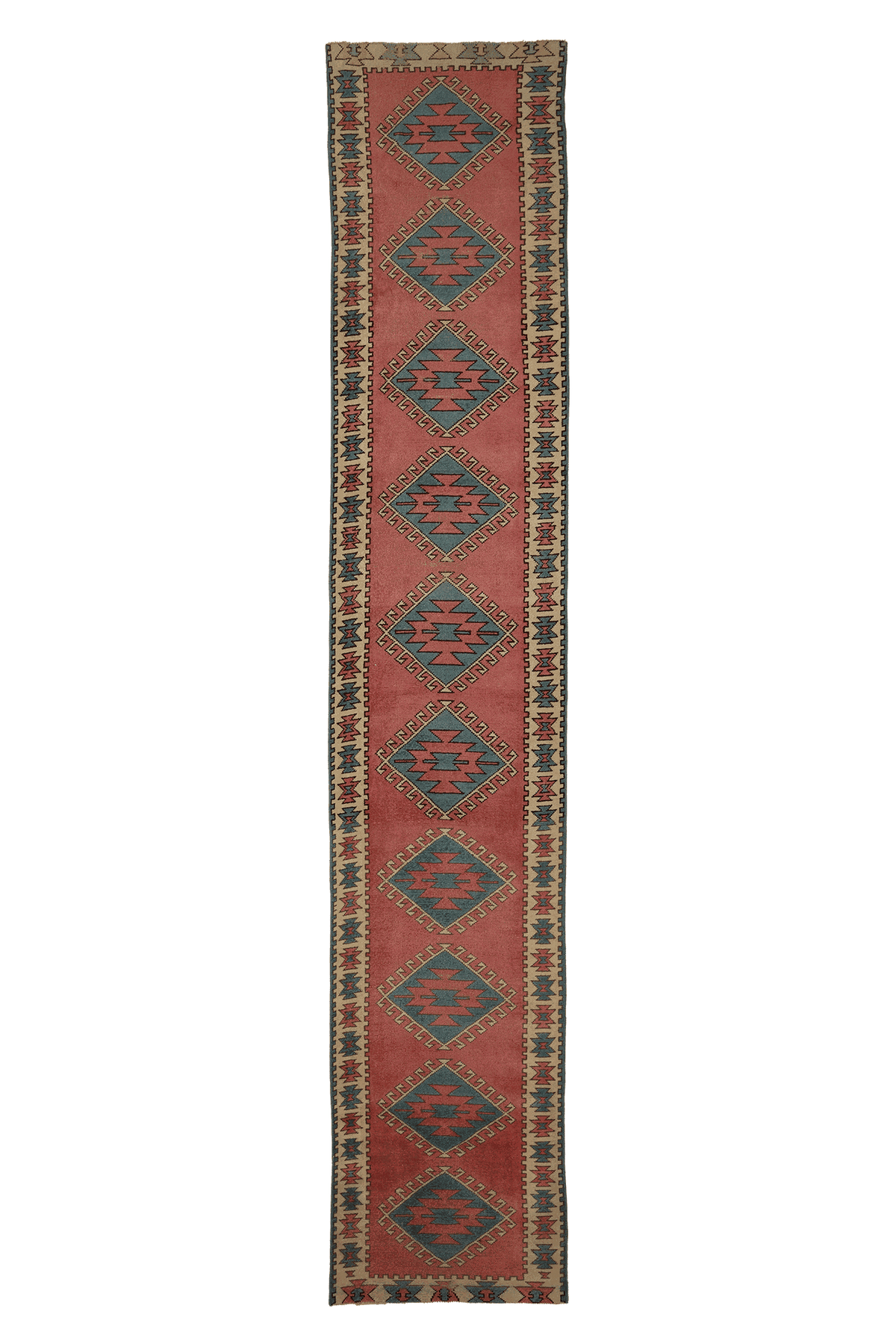 Vintage Uşak Turkish Runner Rug 3x16 ft — Red & Blue Geometric