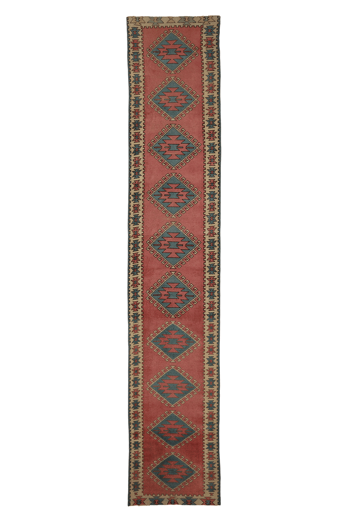 Vintage Uşak Turkish Runner Rug 3x16 ft — Red & Blue Geometric
