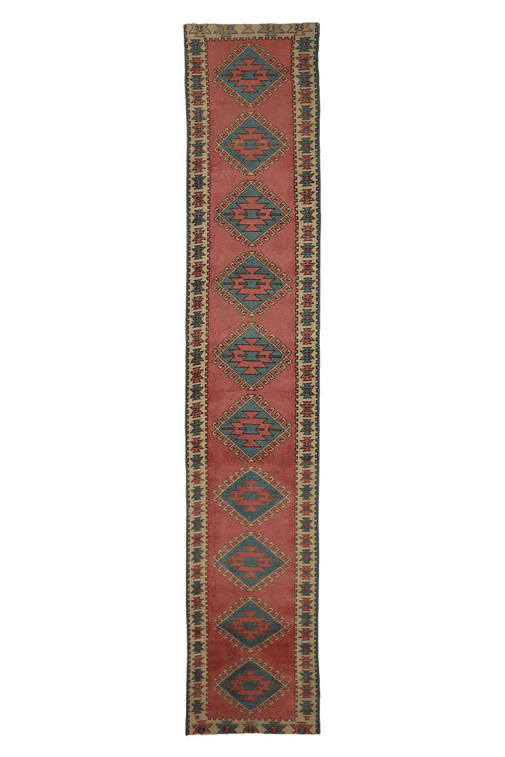 Vintage Uşak Turkish Runner Rug 3x16 ft — Red & Blue Geometric