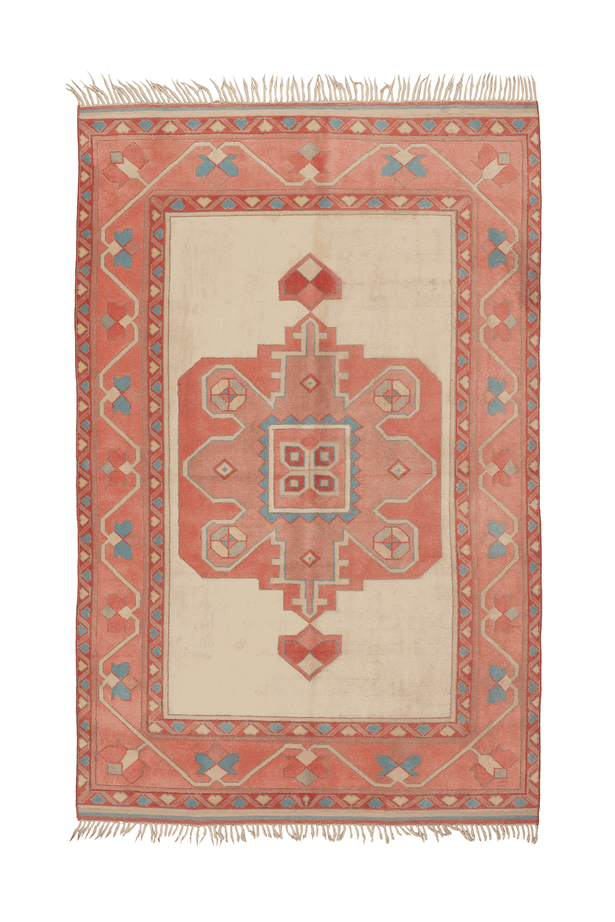 Vintage Uşak Turkish Area Rug 5x8 ft — Beige & Red Geometric