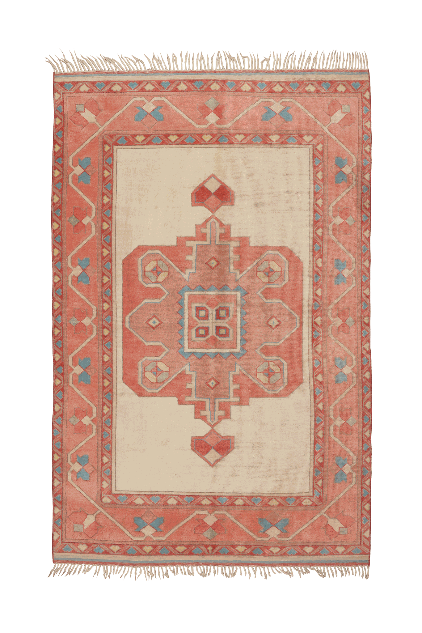 Vintage Uşak Turkish Area Rug 5x8 ft — Beige & Red Geometric