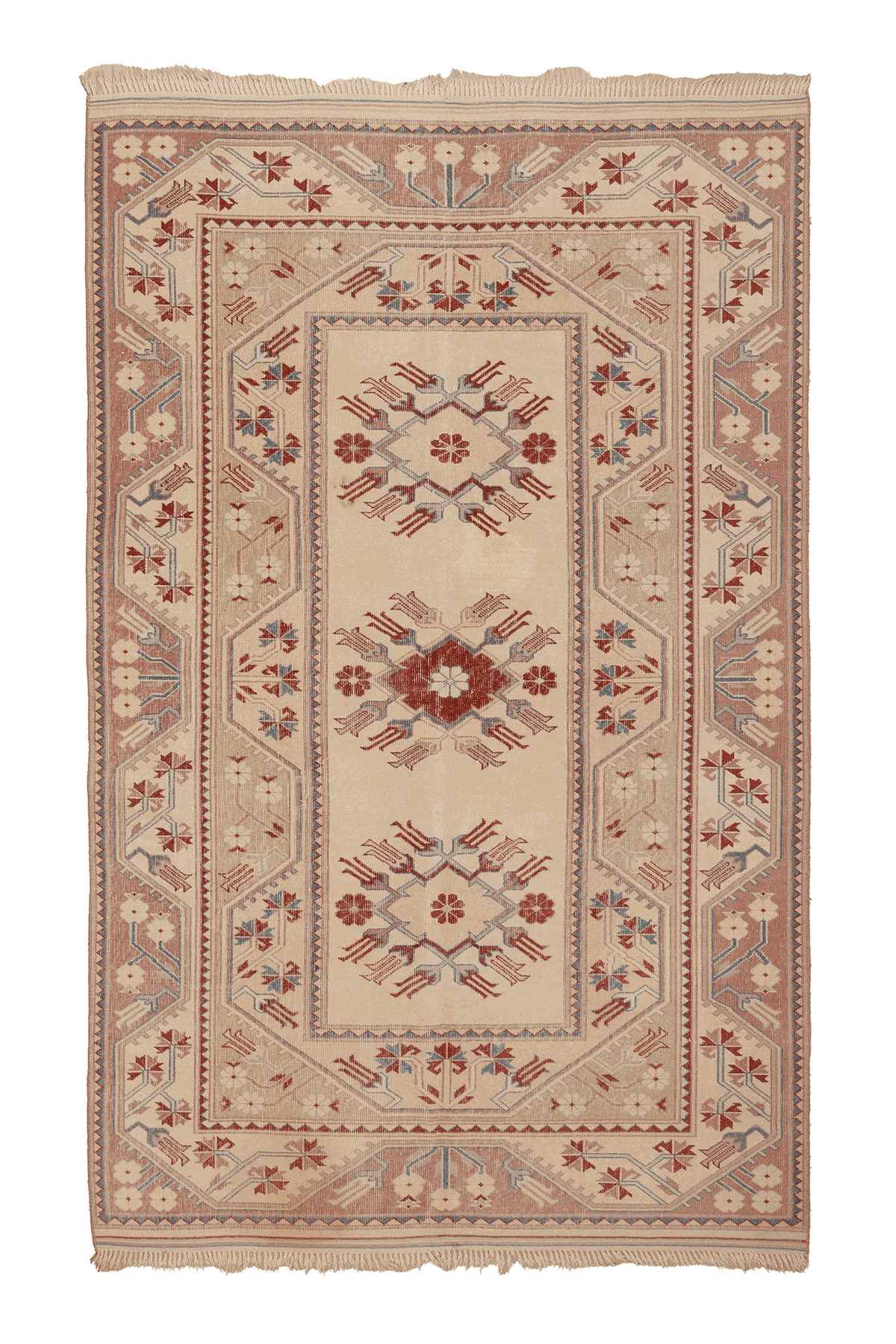 Vintage Muğla Turkish Area Rug 5x8 ft — Beige & Red Geometric