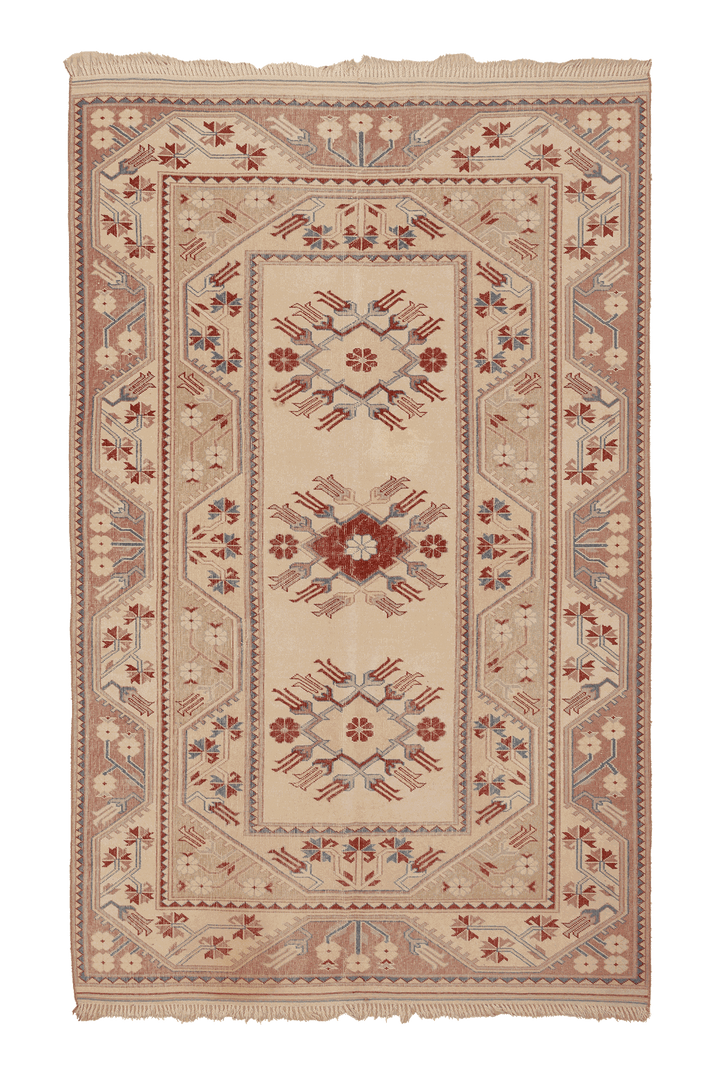 Vintage Muğla Turkish Area Rug 5x8 ft — Beige & Red Geometric