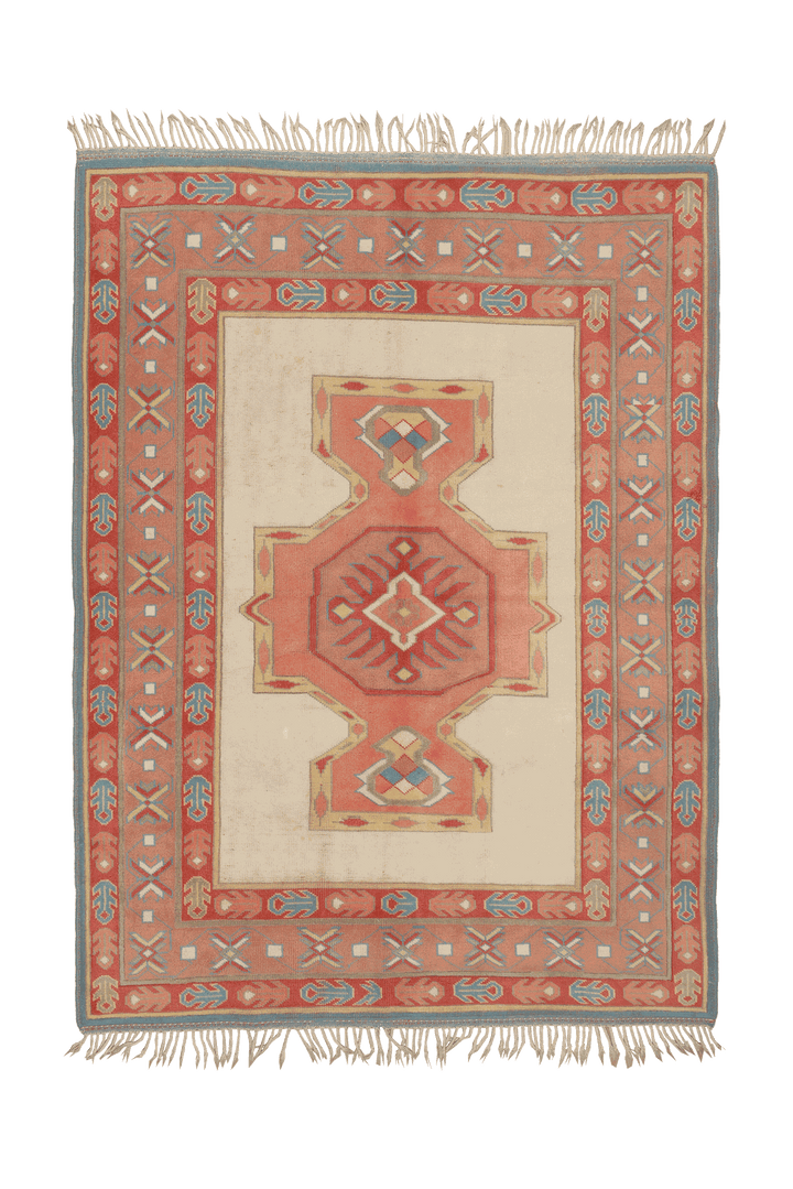 Vintage Uşak Turkish Area Rug 6x8 ft — Beige & Red Geometric