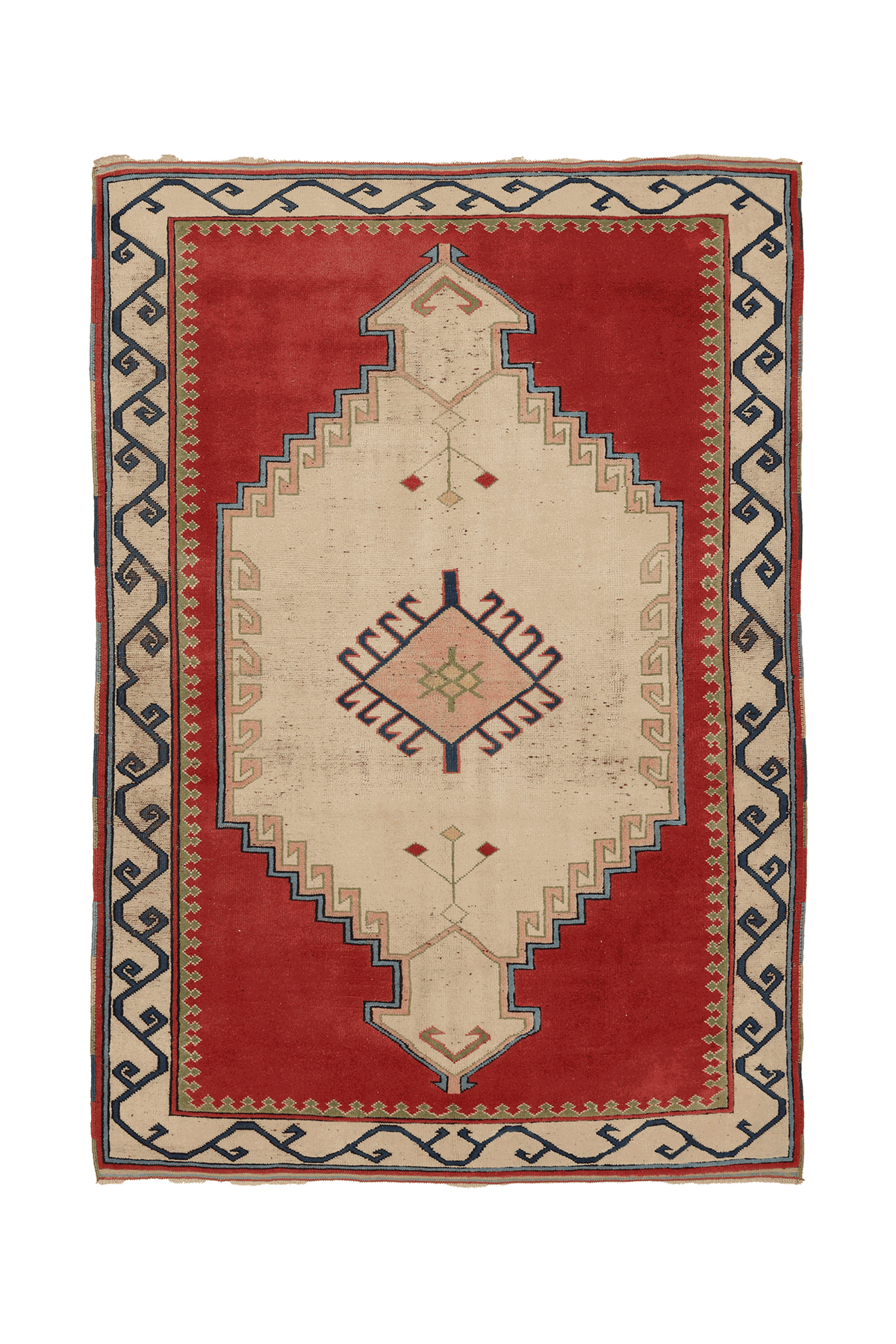 Vintage Malatya Turkish Area Rug 5x8 ft — Red & Beige Geometric