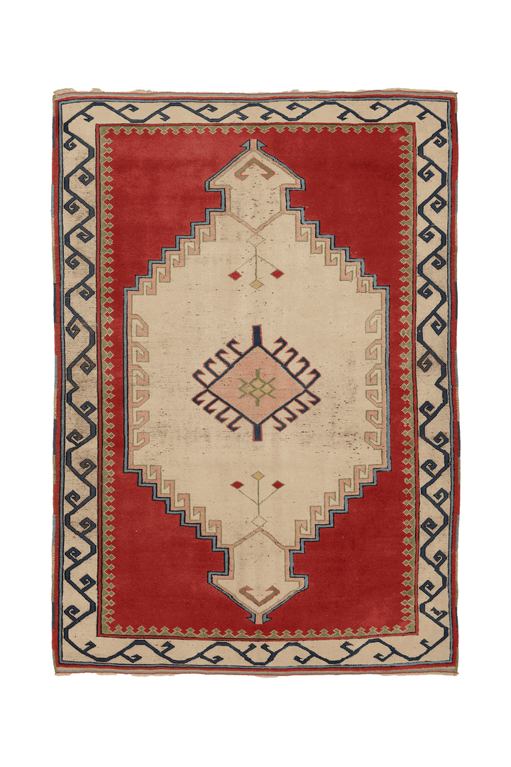 Vintage Malatya Turkish Area Rug 5x8 ft — Red & Beige Geometric