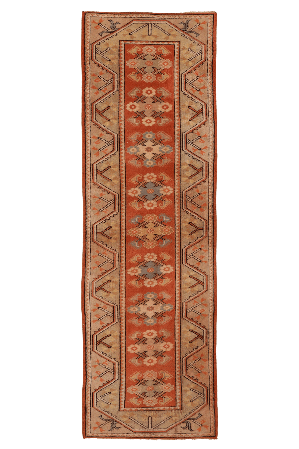 Vintage Muğla Turkish Runner Rug 2x9 ft — Orange & Beige Geometric