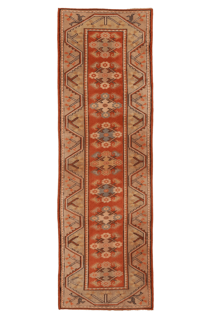 Vintage Muğla Turkish Runner Rug 2x9 ft — Orange & Beige Geometric